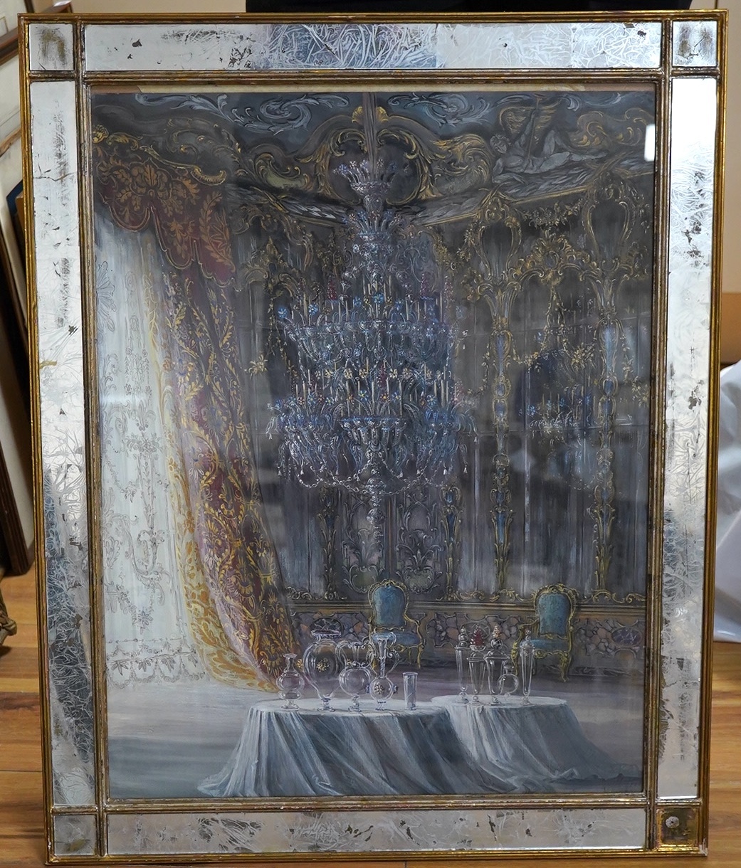 Thierry Bosquet, (Belgian, b.1937), mixed media, Extravagant interior scene, signed, housed in a Venetian glass frame, Ex. Stephanie Hoppen Gallery, 64 x 49cm. Condition - good